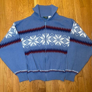Vintage Scandia Woods Zip up Sweater Mens Large Blue Snowflake Fair Isle Sweater